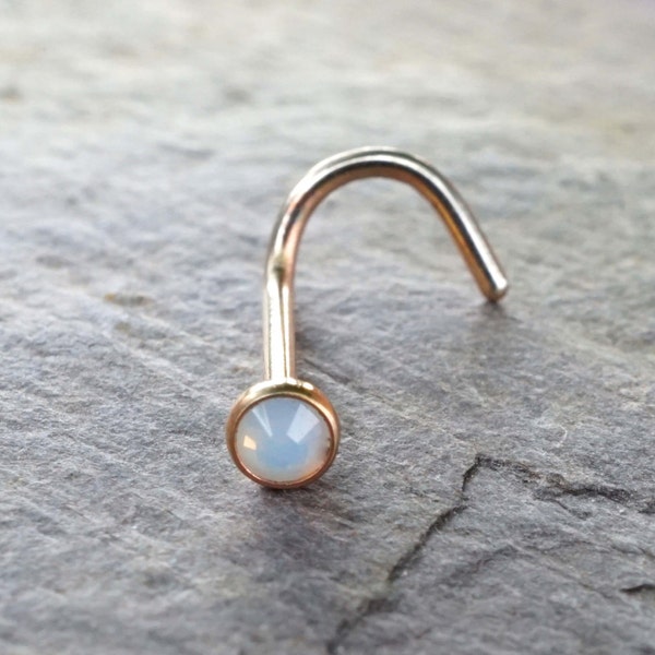 Rose Gold Nose Ring Nose Piercing White Opalite Opal Rose Gold Corkscrew