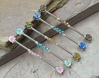 14g Industrial Barbell Beaded Scaffold Piercing Druzy