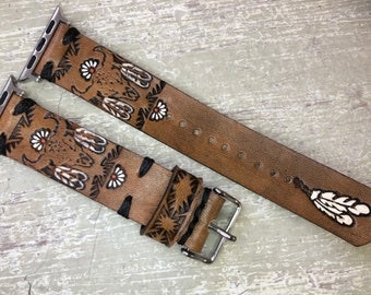 Leather Watch Band Cow Skull Daisies and Feathers