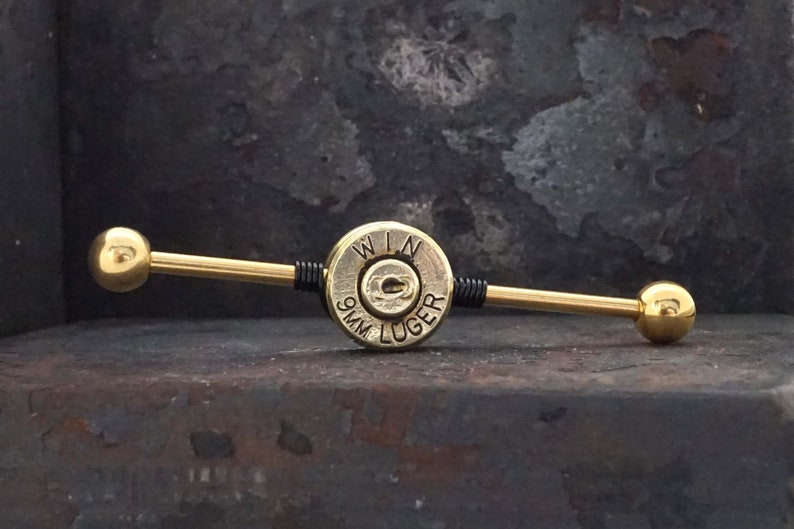 9mm Spent Brass Bullet Industrial Barbell 14g 16g Scaffold image 10