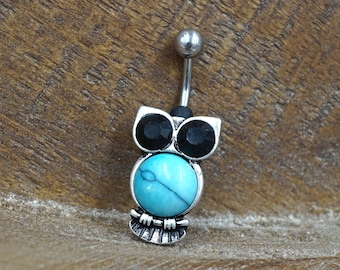 Owl Belly Button Ring - Short Belly Ring - Turquoise Belly Button Ring - Gift For Teens - Gift under 15