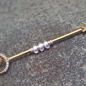Sun and Moon Crystal 14 Gauge Gold Industrial Barbell Piercing Beaded