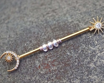 Sun and Moon Crystal 14 Gauge Gold Industrial Barbell Piercing Beaded