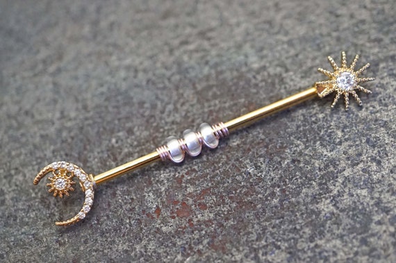 Sun and Moon Crystal 14 Gauge Gold Industrial Barbell Piercing