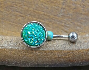 Teal Druzy Round Belly Button Ring - Short Belly Button Ring