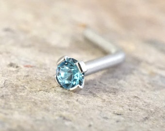 18g or 20g Tiny Light Blue Crystal L Bend Nose Bone Stud