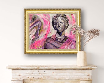 Female Statue with Flower Crown Abstract Mixed Media Painting