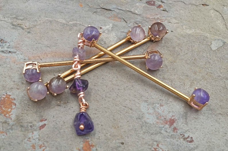 14g Amethyst Gold Industrial Barbell Scaffold Piercing