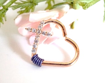 CZ Paved Cross Rose Gold Heart Daith Earring Rook Piercing Hoop