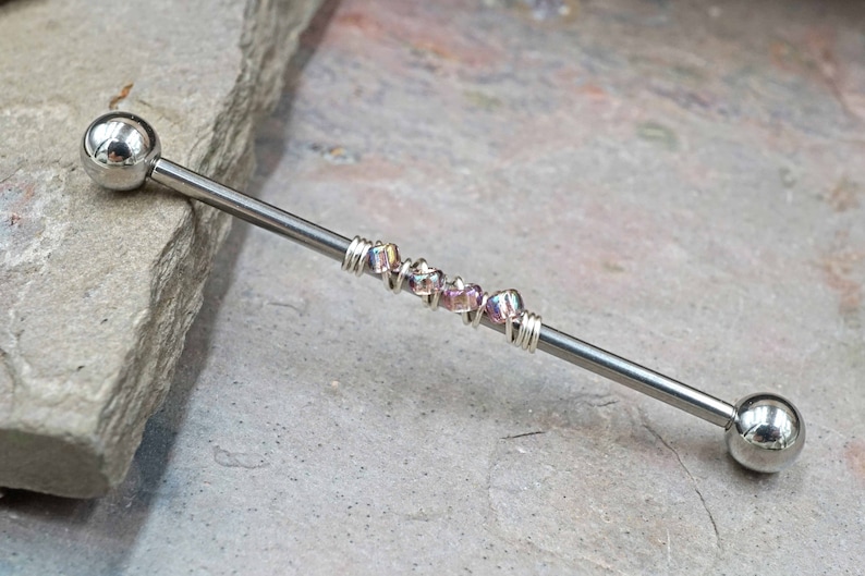 14 Gauge ou 16 Gauge Industrial Barbell Metallic Clear Beaded Etsy
