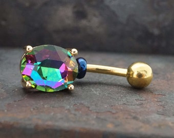 Rainbow CZ Crystal Yellow Gold Belly Ring