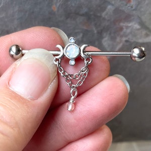 Opalite Moon with Crescent Moons Silver Steel Industrial Barbell image 1