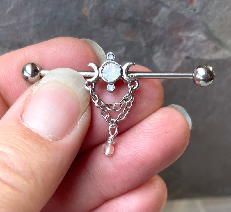 Opalite Moon with Crescent Moons Silver Steel Industrial Barbell image 1