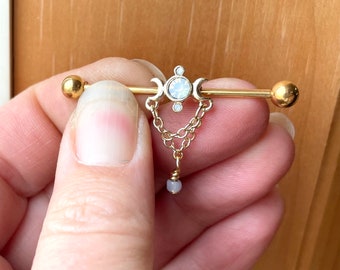 Opalite Moon with Crescent Moons Yellow Gold Industrial Barbell