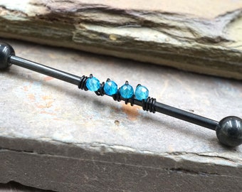 Bright Blue Apatite Gemstone Beaded Industrial Barbell 14g 16g