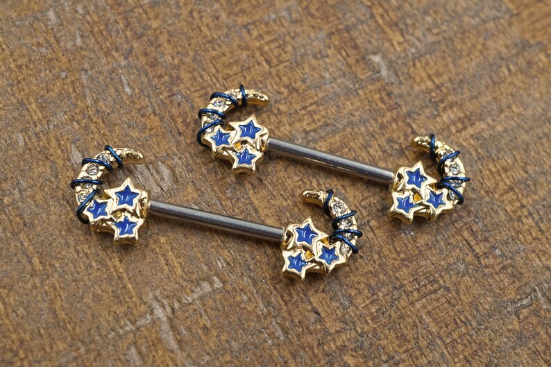 Crescent Moon and Stars Gold Nipple Barbell