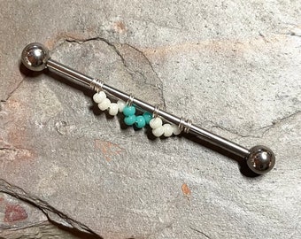 14 Gauge or 16 Gauge Turquoise and White Scallop Industrial Barbell Silver, Gold, Black or Rose Gold