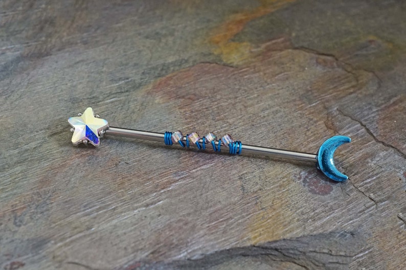 Blue Celestial Moon Industrial Barbell 14g Scaffold Aurora Borealis Crystal Star