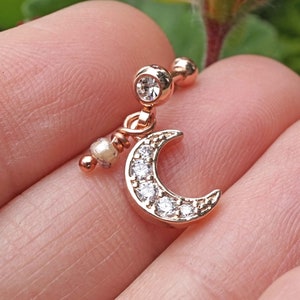 Dangling Crescent Moon Rose Gold Helix Cartilage Tragus Earring Piercing 16g