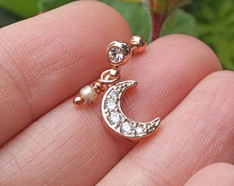 Dangling Crescent Moon Rose Gold Helix Cartilage Tragus Earring Piercing 16g