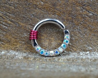 Half Circle Aurora Borealis Lined Tiny Hoop Septum Ring - Daith Piercing - Simple Rook Earring Hoop