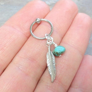 Turquoise Cartilage Hoop Silver Feather Earring Boho Tragus Helix Piercing