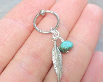 Turquoise Cartilage Hoop Silver Feather Earring Boho Tragus Helix Piercing