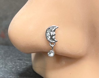 20g Silver Crescent Moon Face Dangle Nose Stud L Bend Nose Ring