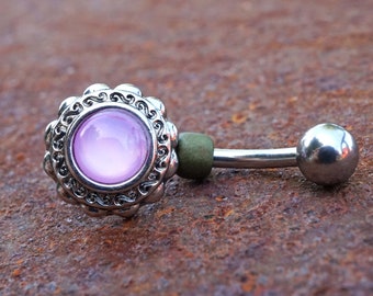 Pink Illuminating Stone Flower 316L Surgical Steel Belly Button Navel Ring