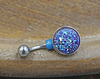 Dark Purple Druzy Round Belly Button Ring - Short Belly Button Ring