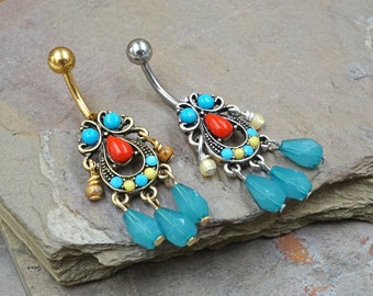 Turquoise Set Tribal Filigree with Beads Dangle 316L Surgical Steel Belly Button Navel Rings