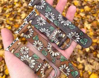 Ready To Ship Leather Watch Band Strawberry Flower Daisies and Leaves