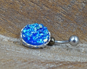 Blue Druzy Belly Button Ring - Gift For Teens