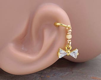 Crystal Bow Beaded Gold Stud Cartilage Hoop Earring Piercing 16g