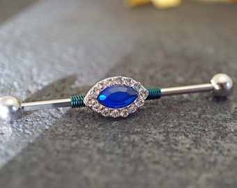Marquise Sapphire Blue Crystal 14g or 16g Gauge Industrial Barbell Piercing