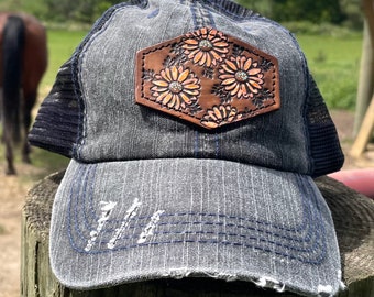 Distressed Black Hat with Tooled Leather Flowers Patch Hat