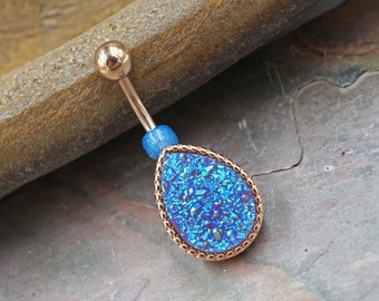 Dark Purple Druzy Rose Gold Belly Button Ring - Short Belly Button Ring