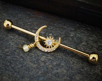 CZ Paved Moon with CZ Center Star Gold Industrial Barbell