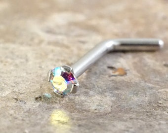 18g or 20g Tiny Aurora Borallis  Crystal L Bend Nose Bone Stud