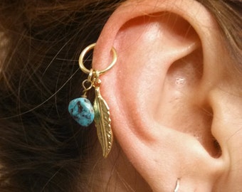 Turquoise Gold Cartilage Hoop Feather Earring Boho Tragus Helix Piercing