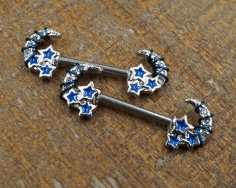 Crescent Moon and Stars Silver Nipple Barbell