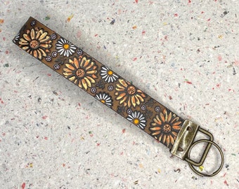 Ready to Ship yellow Sunflower Daisy Flowers Leather Keychain Wristlet - Tooled Leather Key Chain Loop Lanyard - Gift for Her