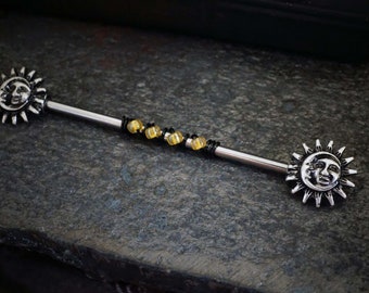 Sun and Moon 14 Gauge Industrial Barbell Beaded Scaffold Piercing