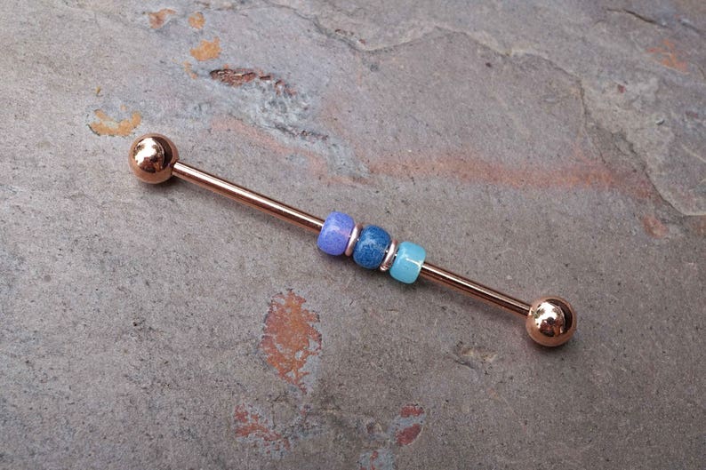 14g 16g Blue Beaded Rose Gold Industrial Barbell Scaffold Piercing