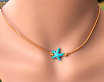 Turquoise Starfish Gemstone Choker Necklace on Leather