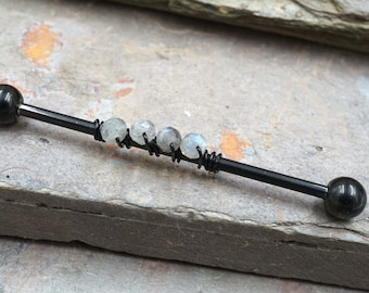 Labradorite Gemstone Beaded Industrial Barbell 14g 16g