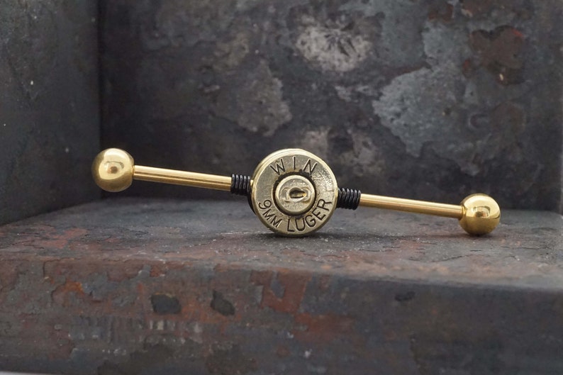 9mm Spent Brass Bullet Industrial Barbell 14g 16g Scaffold image 7