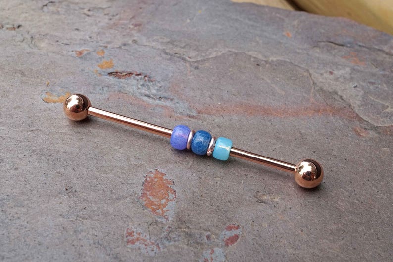 14g 16g Blue Beaded Rose Gold Industrial Barbell Scaffold Piercing