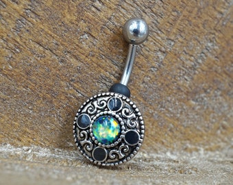 Belly Button Ring Round Tribal Shield With Green Opal