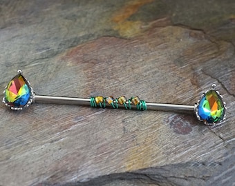 Multi Color CZ Vitrail Teardrop Industrial Barbell 14g